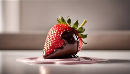 Chocolate-covered strawberry with a missing bite - obrazy, fototapety, plakaty