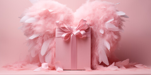 Pink gift box and a feathered heart behind it on a pink background. Valentine’s Day celebration. Generated by artificial intelligence.