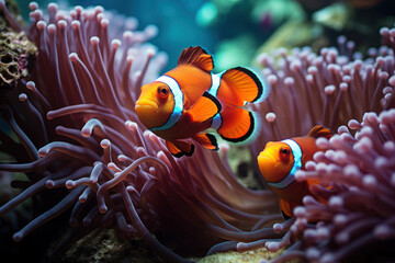 An image capturing the mutualistic relationship between a clownfish and a sea anemone, a classic example of symbiosis in the ocean. Generative Ai.