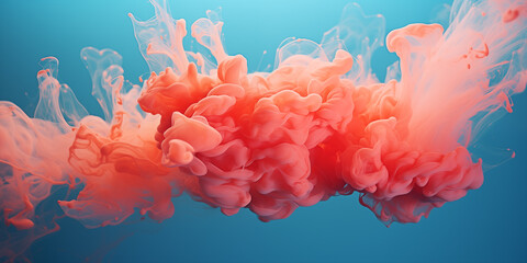 Coral fluffy pastel ink smoke on a blue background. Generated by artificial intelligence.