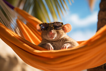 Cute pet mouse with sunglasses in hammock