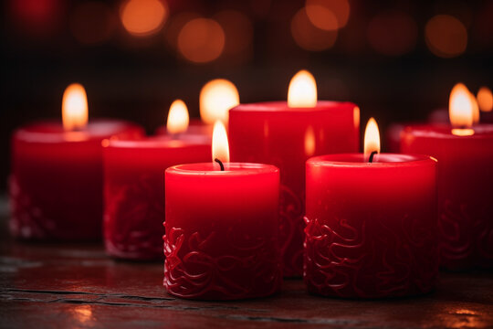candles red with flickering flames, dark blurred background, selective focus