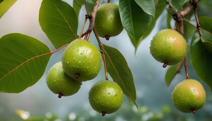 Dew-laden guavas hanging temptingly from the branches