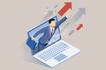 Isometric laptop-wielding man scales the career ladder, achieving his business plan goals, earning promotions, and becoming a successful leader and champion.