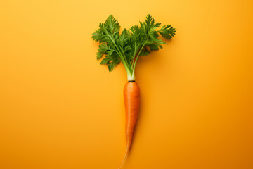 a carrot with the green leaf on a plain orange color background