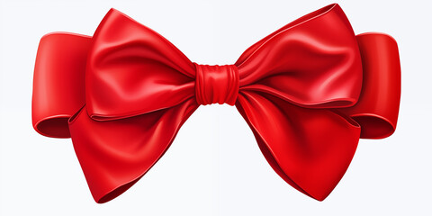 A red bow of satin tied along an edge on a white background. Valentine’s Day celebration. Xmas. A present. Generated by artificial intelligence.