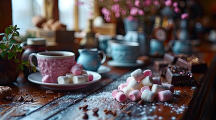 Obraz na płótnie Canvas Tasty Marshmallows Chocolate Cups On Table, Background HD, Illustrations