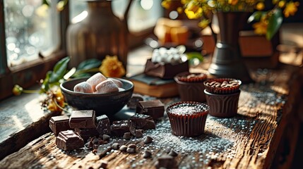 Fototapeta na wymiar Tasty Marshmallows Chocolate Cups On Table, Background HD, Illustrations