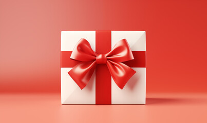 A white gift box with a red bow on a red background. Valentine’s Day celebration. Christmas. Generated by artificial intelligence.