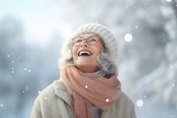 Elderly Woman Revealing in Joyful Winter Snowfall Radiance
