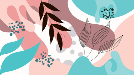 ABSTRACT AESTHETIC BACKGROUND HAND DRAWN ORGANIC SHAPE WITH LEAF PLANT ORNAMENT FLAT PASTEL COLOR DESIGN VECTOR TEMPLATE FOR WALLPAPER, COVER, POSTER 