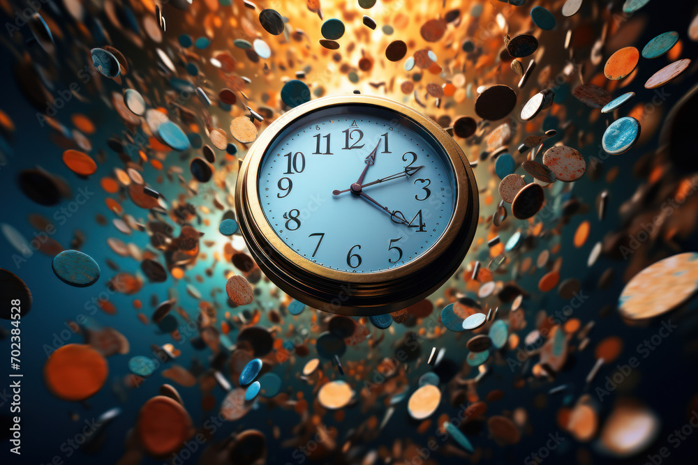 Poster a surreal depiction of a clock with hands moving in both clockwise and counterclockwise directions, 
