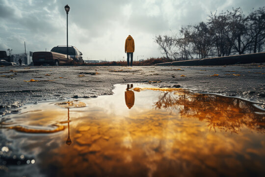A photograph capturing the paradoxical reflection of a clear sky in a rain puddle, merging opposing weather conditions in a single image. Generative Ai.