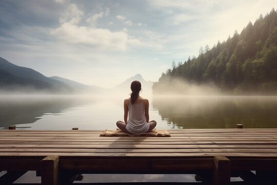 Young woman meditating on a wooden pier on the edge of a lake in a peaceful natural environment.