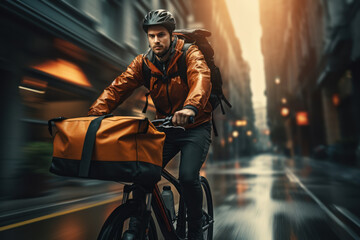 A professional courier delivering packages with swift efficiency on a bicycle, showcasing the speed of urban delivery services. Concept of rapid logistics. Generative Ai.
