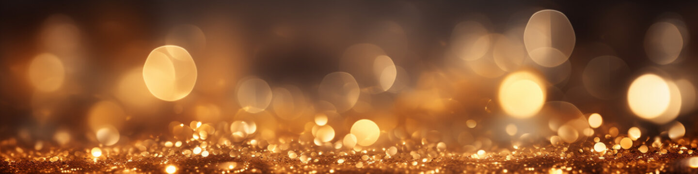 Golden glitter with golden bokeh particles. Abstract macro photo and 3D style. Design for poster, wallpaper, print, banner, greeting card, invitation. Panoramic view with copy space