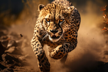 Fototapeta premium A sprinting cheetah in pursuit of prey, showcasing the unmatched speed and agility of the world's fastest land animal. Concept of predatory speed. Generative Ai.