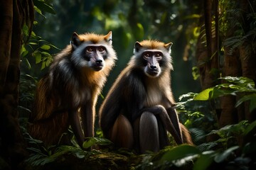 Amidst the dense foliage of an untouched wilderness, a Wolf's Mona Monkey strikes a pose, its fur radiant in the soft