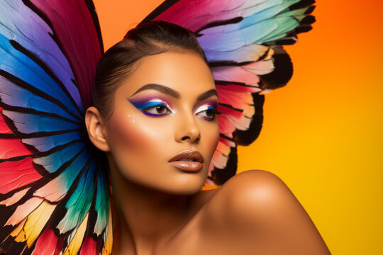 A woman with butterfly wing makeup against a multicolored gradient background.