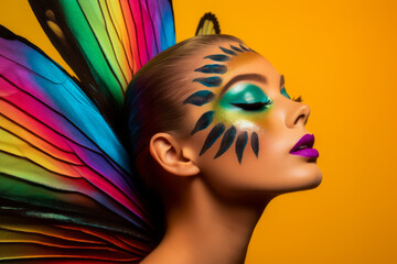 An artistically rendered woman exhibits butterfly wing-inspired makeup, set on a vibrant gradient canvas.
