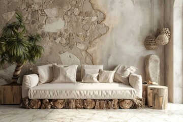 Rustic Elegance: Beige Sofa on Tree Trunk Base in a Modern Living Room with Abstract Stone Wall Decor