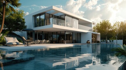 Sumptuous Summer Retreat: Luxurious White House with Infinity Pool and Sunbed Sundeck - obrazy, fototapety, plakaty