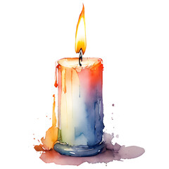 Watercolor illustration of a burning wax candle on a white background. Romantic element of cozy interior