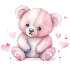 Cute cartoon teddy bear with hearts. Watercolor illustration.