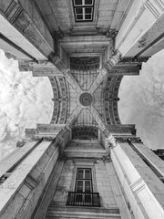 Rua Augusta Arch, Lisbon, shot from a low angle - 702386385