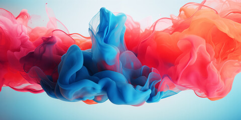 Red-blue fluffy pastel ink smoke on a blue background. Generated by artificial intelligence.