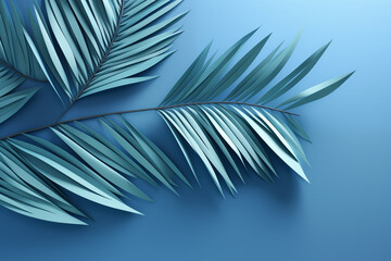 Blue tropical palm trees on a dark background. Generated by artificial intelligence.