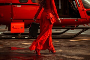 A woman in a red business suit with a briefcase in her hand walks towards a helicopter.