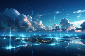 Digital clouds hovering over a virtual landscape, illustrating the concept of cloud computing and storage in the digital realm. Generative Ai.