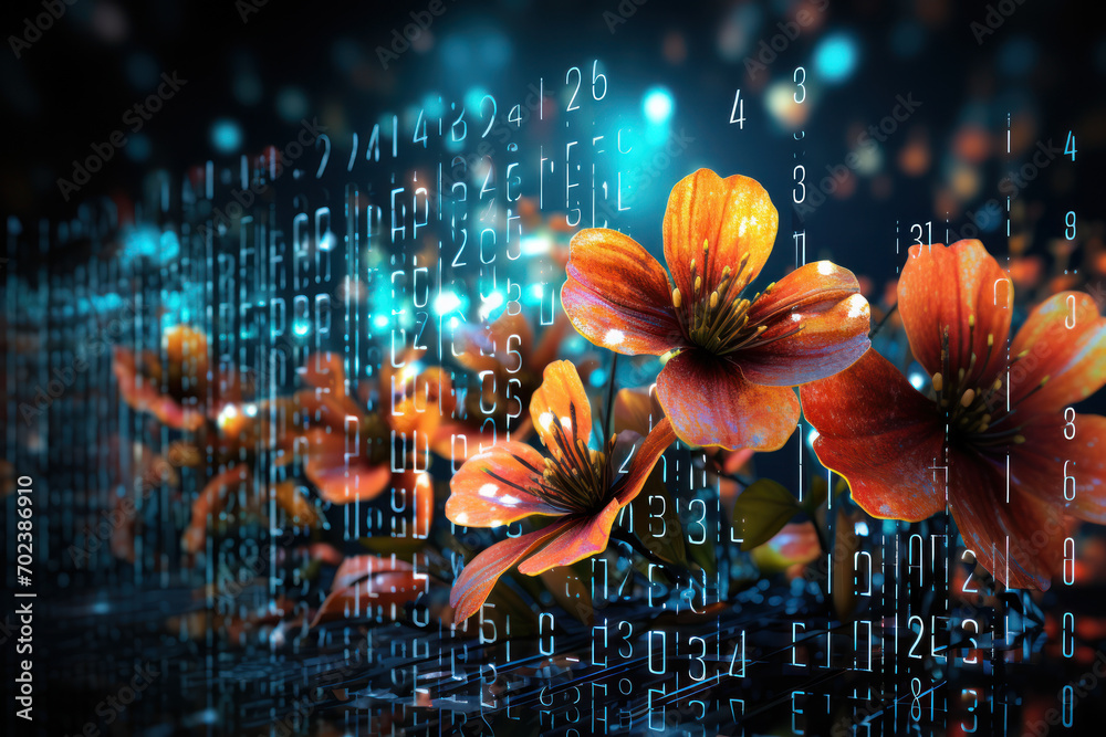 Aufkleber Abstract representation of binary code transforming into vibrant digital flowers, symbolizing the beauty and creativity found in digital spaces. Concept of digital creativity. Generative Ai.