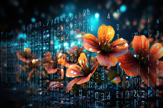 Abstract representation of binary code transforming into vibrant digital flowers, symbolizing the beauty and creativity found in digital spaces. Concept of digital creativity. Generative Ai.