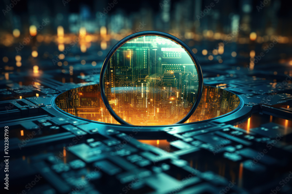 Poster a digital magnifying glass zooming into bits and bytes, symbolizing the process of analyzing data in
