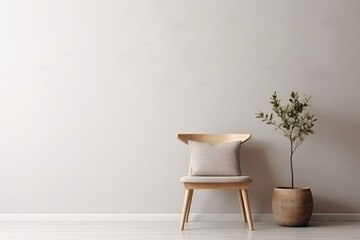 Empty wooden chair with pillow and plant on white table near wall 