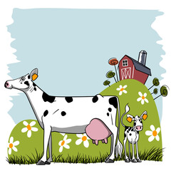 Dairy cow and her calf holstein illustration in a meadow looking towards the observer on a side view and with barn in the background in the distance
