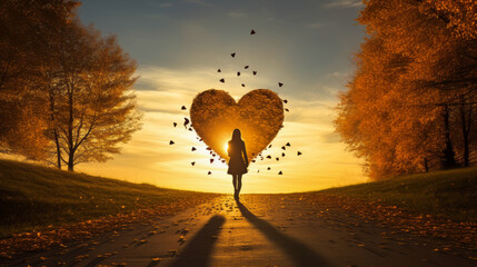 A woman's silhouette journeys along an autumn road, framed by a heart-shaped leaf formation in the sky.