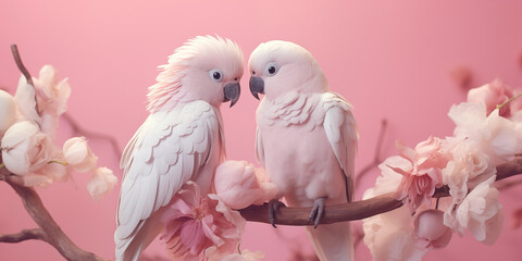 Two parrots with light pink feathers sit on a branch on a pink background. Generated by artificial intelligence.