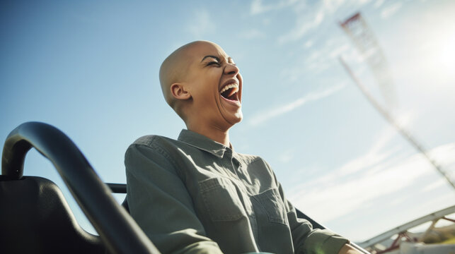 A Young Bald Woman Laughing While Riding A Rollercoaster.