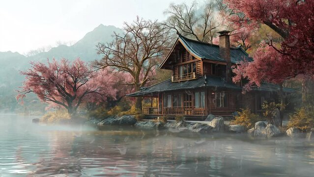 Peaceful nature landscape background with Traditional house on a beautiful lake and night clear sky. animation cartoon style video art design