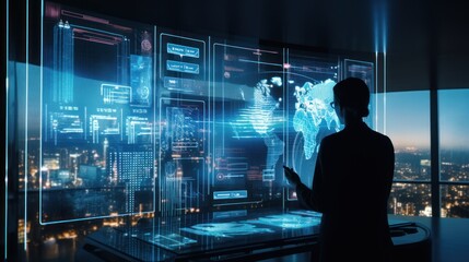 big data technology that touches information flowing on a virtual screen artificial intelligence