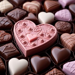 Obraz premium Heart-shaped box of chocolates, Heart-shaped chocolate sweets, macro shot, details of chocolates, luxurious and romantic, soft background, ideal for Valentine's gift concept