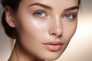 Close-up of the face of a beautiful young woman with glowing, healthy skin applying cream.