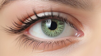 Female eye with very long false eyelashes, eyelash extensions, makeup,