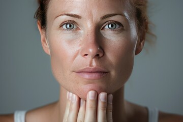 Caucasian female face. with freckles touching the skin - obrazy, fototapety, plakaty