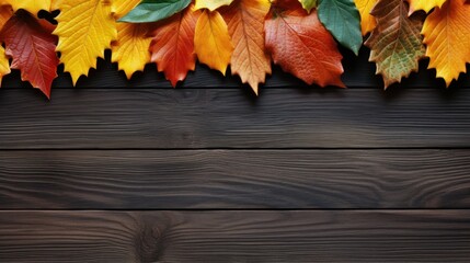 Naklejka na ściany i meble leaves changing color Double border over rustic dark wood banner background. Top view with copy area.