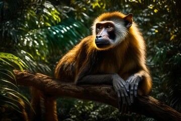 Picture a Wolf's Mona Monkey perched on a sunlit branch in a dense jungle, its fur illuminated with the perfect lighting, showcasing