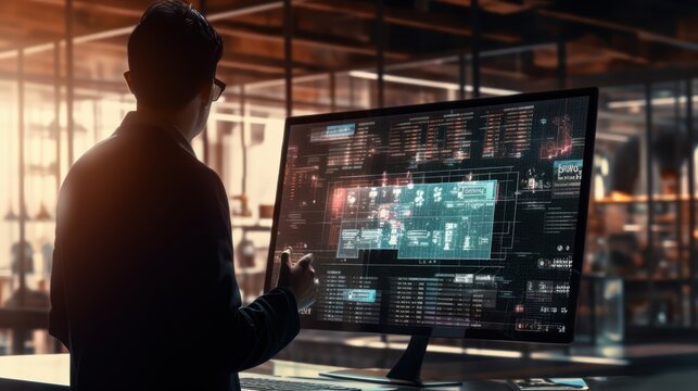 IOT concept. Software developer working on digital tablet with binary computer code on screen.